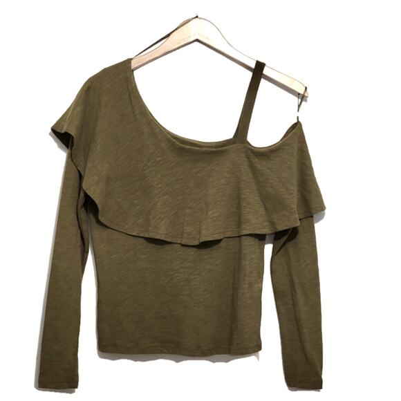 Anthropologie Postmark Off the Shoulder Ruffle Long Sleeve Green Top Boho Chic S - Picture 2 of 16